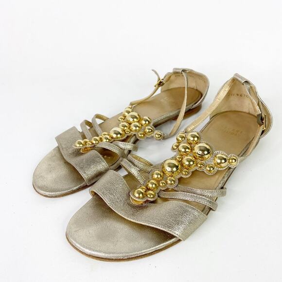 Stuart Weitzman Gold T Strap Beaded Sandals - Picture 6 of 7